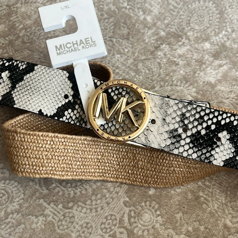 Brand New Michael Kors Black & White Snakeskin Woven Stretch Belt Gold Tone Logo